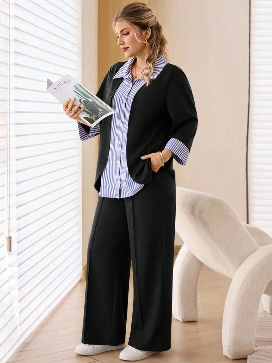 EMERY ROSE Plus Size Color Block Patchwork Front Button Casual Striped 2 Pieces Set Winter Outfit For Women Christmas Outfit For Women New Year Clothes Professional Clothes Women Sets Work Suits For Women Lounge Sets Woman Comfortable Two Piece Set Pant Suit Set Plus Valentine's Day, Mother Clothing, Comfortable And Casual Two Piece Suits Spring Break Outfits - Navy Blue - View 1