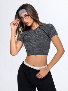 Eassivo Eassivo Women's Dark Grey Seamless Crop Top,Raglan Short Sleeve Summer Athleisure Casual Gym Tee,Stretchy Ribbed Knit Slim Fit Workout Yoga Activewear Shirt - Grey - View 5