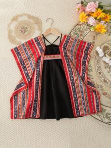 SHEIN 红色花卉图案两件套儿童阿拉伯长袍，优雅复古花卉刺绣，女婴休闲简约传统长袖阿拉伯连衣裙，适合春夏穿着，优雅端庄长袖连衣裙，祈祷长袍，舒适休闲，休闲穿着，度假风，端庄卡夫坦长袍，女婴长袍，女婴长袍 - 黑色 - 查看 3