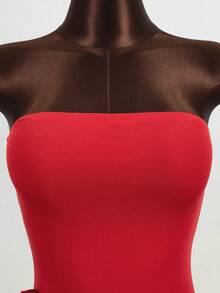 Mistrie 女士优雅派对礼服，纯色3D立体花卉修身无肩带连衣裙 - 紅色 - 查看 7