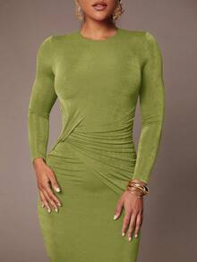 Silquee 女士优雅派对弹力双层面料高品质卡其色扭结设计秋冬长袖圆领连衣裙，适合日常通勤，可内可外穿，感恩节、圣诞节、新年等场合的理想之选。 - 橄欖綠 - 查看 3