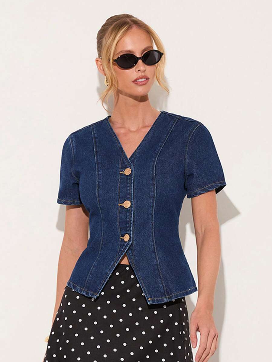 COSMINA Denim 女士优雅V领短袖牛仔衬衫,通勤和日常穿着皆宜,四季皆可 - 中等水洗藍 - 查看 1