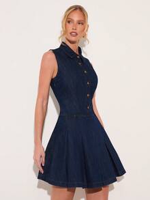 COSMINA 女士休闲日常通勤无袖牛仔连衣裙，夏季优雅通勤牛仔连衣裙，收腰设计，适合工作、日常外出，蓝色优雅牛仔连衣裙 - 藍色 - 查看 1