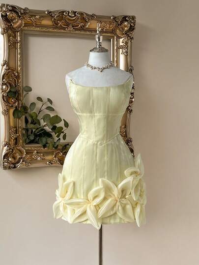 Lovelzi Elegant, Glamorous, And Stylish, This Pale Yellow Organza Dress Features 3D Floral Embellishments, A Sailboat Neckline, Full-Body Trim, A Slimming And Figure-Hugging Silhouette, And A Short Length. Perfect For Dates, Parties, Dances, Photoshoots, Wedding Receptions, And Cocktail Parties.