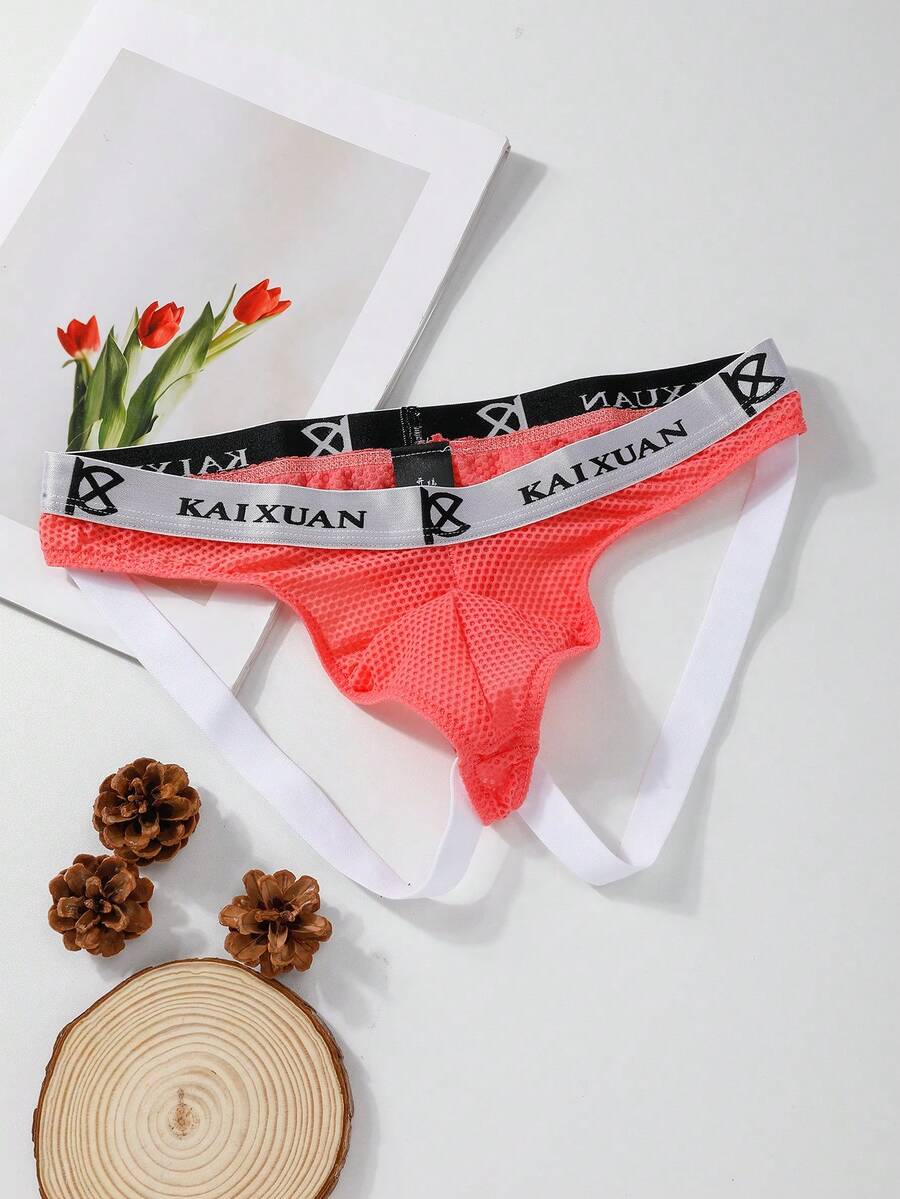 WENEZON Quần lót nam in chữ, kiểu thong khoét lỗ gợi cảm, quần lót lưới kiểu Brazil, quần lót nam sexy. - Hồng - Xem 1