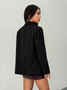 SHEIN PETITE 女士简约优雅黑色超大款西装外套，百搭实用，适合日常穿着、通勤、派对、约会、正式场合，秋冬季皆宜。 - 黑色 - 查看 2