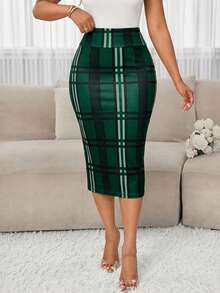 SHEIN Lady 新款大码女式格子开衩时尚百搭绿色铅笔裙 格子裙 时尚服装系列 格子裙 女式铅笔裙 修身裙 女式格子裙 格子铅笔裙 - 墨綠色 - 查看 4