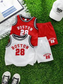 SHEIN 4件套男婴夏季可爱休闲运动篮球服，字母印花背心和短裤套装，男婴背心套装，男婴篮球服套装，2T男婴篮球服套装 - 紅白色 - 查看 7