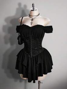 SHEIN ICON 大码女式黑色褶皱提花腰带拼接荷叶边单肩层叠荷叶边下摆A字雪纺迷你连衣裙，适合派对和休闲场合 - 黑色 - 查看 4