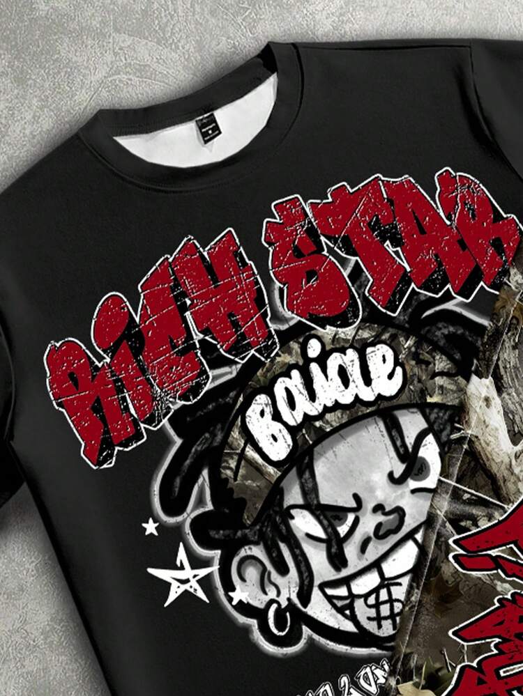 Manfinity ZONE917 ZONE917 宽松迷彩卡通人像笑脸T恤套装 - 彩色 - 查看 2