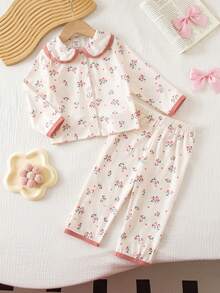 SHEIN Babygirl Cute Casual Floral Knit Peter Pan Collar Long Sleeve Loungewear Set