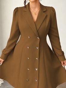 Elenzga Đầm Blazer cổ bẻ tay dài thanh lịch hai hàng khuy cỡ lớn cho nữ - Màu nâu  Mocha - Xem 4