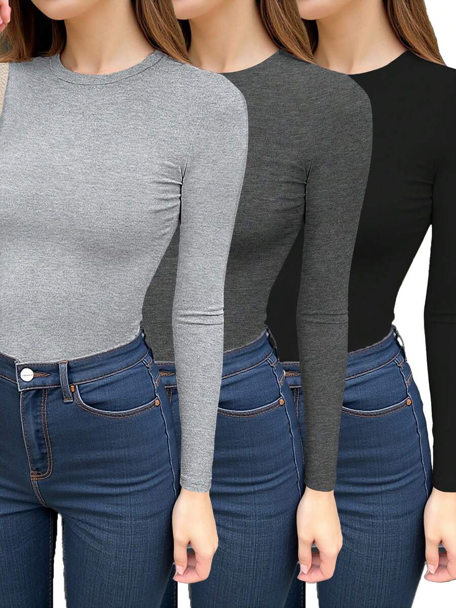 INAWLY 3pcs Women's Solid Color Fitted Long Sleeve Crew Neck T-Shirts - Multicolor - View 1