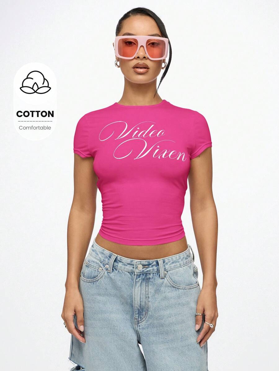 SUMWON WOMEN Video Vixen Baby Tee Fitted Crop Top Y2k Fashion Statement Graphic Print Short Sleeve Summer Festival Streetwear - Hot Pink - View 1
