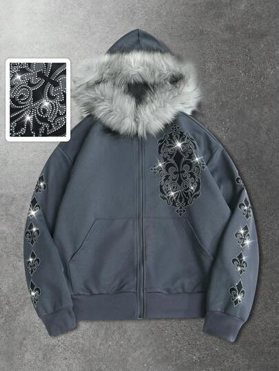 Street Life Felpa con cappuccio e chiusura lampo da uomo con stampa floreale in strass e colletto in pelliccia