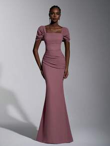 Elitara Elegant Lotus Pink Chiffon Off Shoulder Ruffle Front Slim Fit Fishtail Dress, Suitable For Dates, Vacations, Singles Parties, Weddings, Bridesmaid - Dusty Pink - View 1