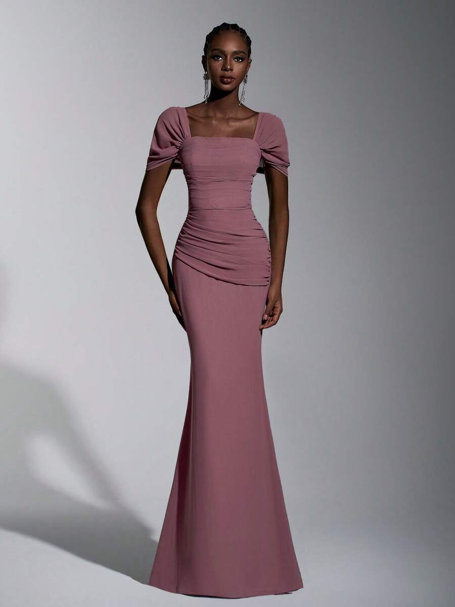 Elitara Elegant Lotus Pink Chiffon Off Shoulder Ruffle Front Slim Fit Fishtail Dress, Suitable For Dates, Vacations, Singles Parties, Weddings, Bridesmaid - Dusty Pink - View 1