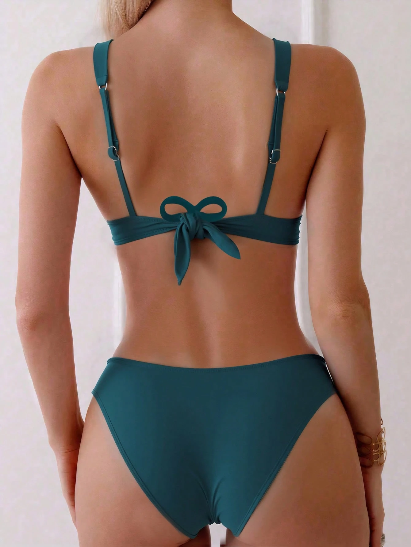 SHEIN Swim 2 Peças Conjunto de Maiô Bikini de Cor Sólida, Alça Grossa e Corte Alto para Mulheres, Maiô para Férias na Praia - Verde Escuro - Visão 2