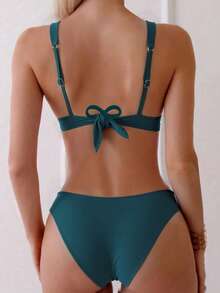 SHEIN Swim Bộ đồ bơi bikini 2 mảnh màu trơn dây dày cắt cao dành cho nữ, đồ bơi đi biển - Màu xanh lá cây đậm - Xem 2