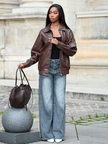 Mima John 秋冬拉链落肩PU厚皮夹克