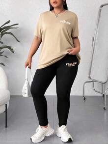 SHEIN EZwear 大码字母印花圆领短袖上衣和黑色打底裤两件套 - 彩色 - 查看 3
