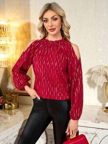 SHEIN Clasi 女式条纹露肩宽松时尚优雅衬衫 - 酒紅色 - 查看 3