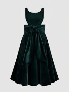 SHEIN MOD Váy midi chữ A thắt nơ hở lưng màu đỏ cổ điển cỡ lớn, váy cưới, váy hẹn hò, váy ngày lễ tình nhân - Màu xanh lá cây đậm - Xem 5
