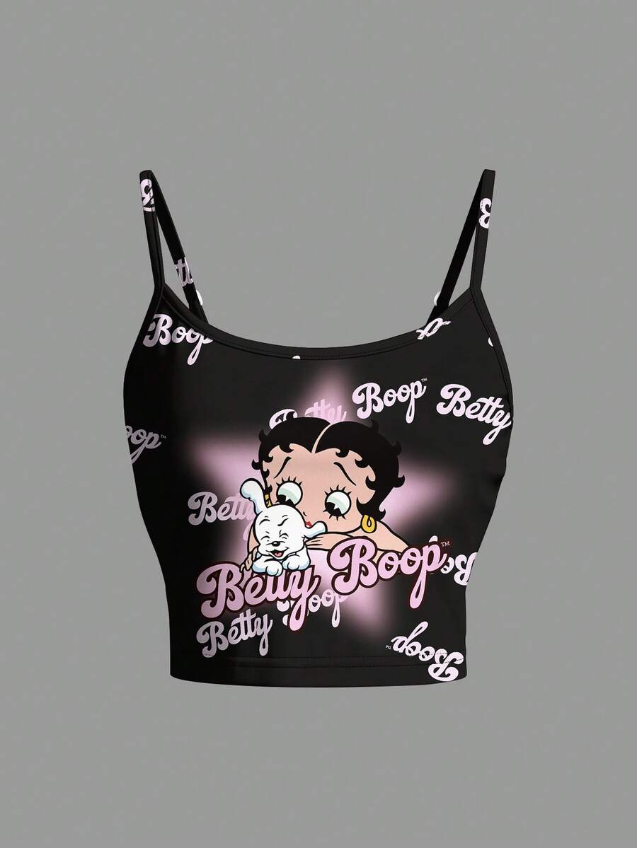 Betty Boop x SHEIN 女士夏季时尚字母卡通印花修身露脐吊带背心 - 白色 - 查看 1