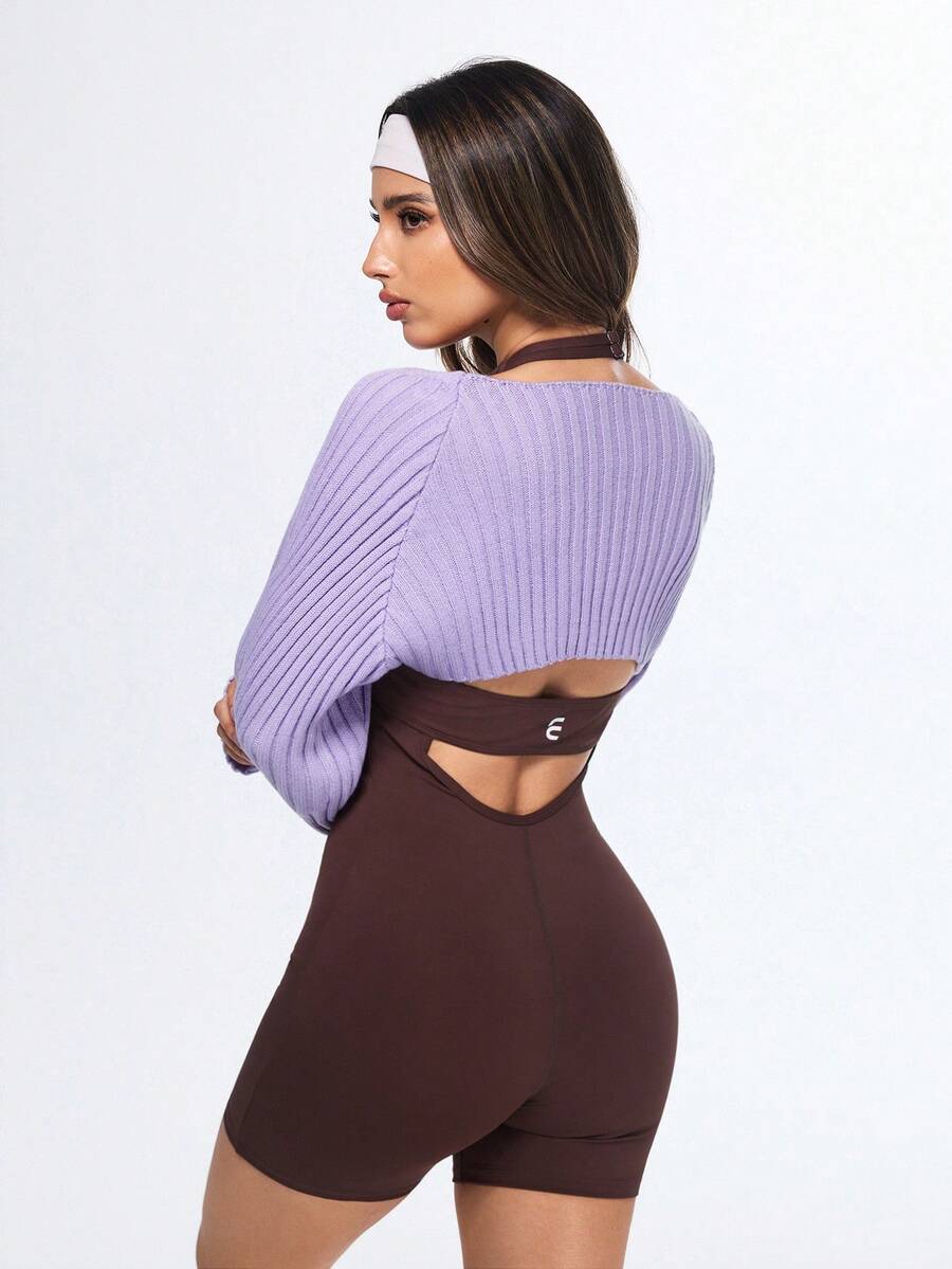 Eassivo Eassivo Women's Solid Color Cropped Casual Versatile Daily Commute Long Sleeve Sweater - Purple - View 1