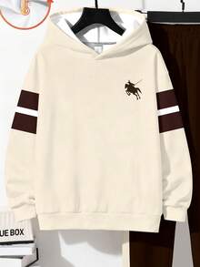 Bộ áo hoodie dài tay rộng rãi thoải mái cho bé trai, phong cách tối giản, cổ điển, thời trang, phong cách cá tính, logo ngựa con, phong cách Mỹ cổ điển, thể thao, phối màu, phù hợp cho mùa thu/đông - Nhiều màu - Xem 4