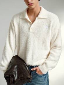 RONVEXI Men's Solid Color Minimalist Casual Long Sleeve Sweater Cream Men Sweater Polo Men Buttoned Knitted Polo Beach For Men White Cream Beige - Apricot - View 6