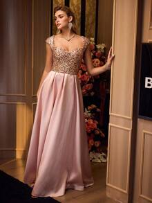 MOTF Soiréza Váy maxi dự tiệc tay ngắn cổ tim thanh lịch dành cho nữ, chất liệu vải sequin kết hợp với viền satin cỡ lớn, hoàn hảo cho tiệc cưới, dạ hội và tiệc tối lễ hội - Rượu sâm banh - Xem 7