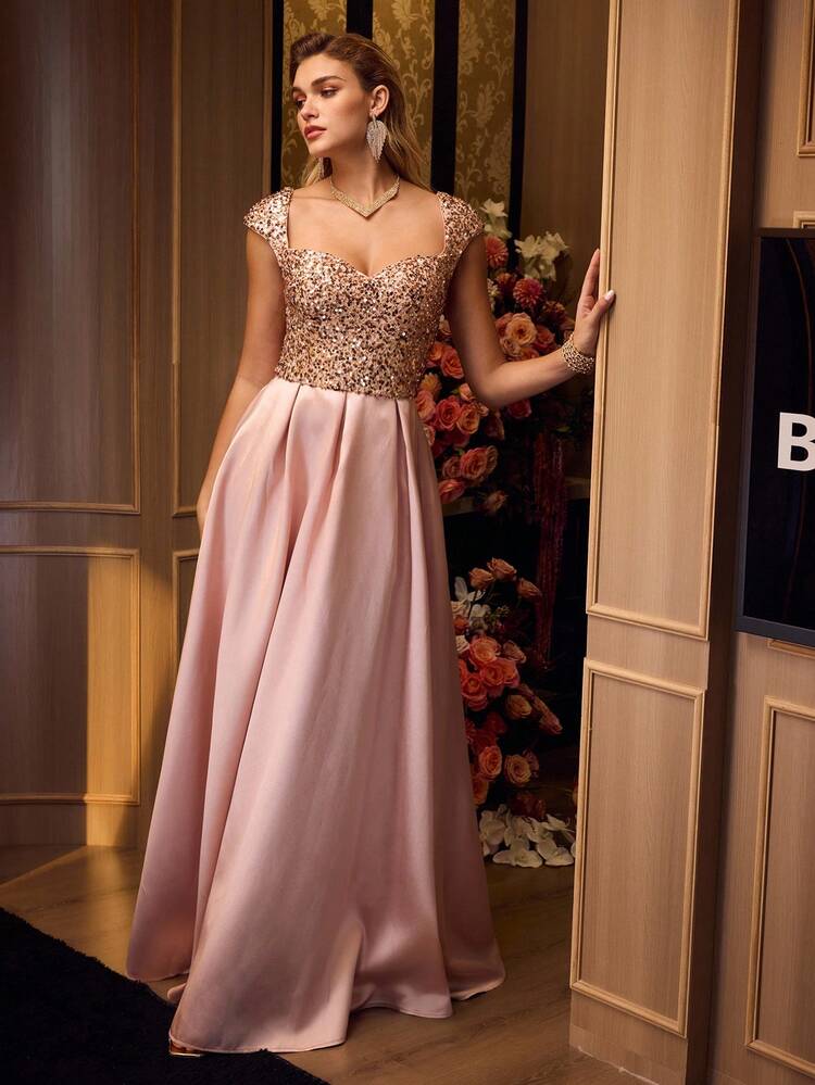 MOTF Soiréza WOMEN ELEGANT FORM-FITTING SHORT SLEEVE SWEETHEART NECKLINE MAXI PARTY GOWN, SEQUIN FABRIC SPLICED WITH SATIN OVERSIZED HEM DRESS,PERFECT FOR WEDDINGS, GALAS & FESTIVE EVENINGS