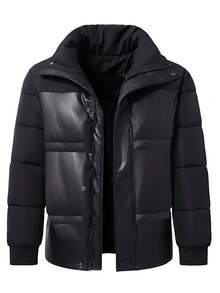 Manfinity Homme 男士前拉链长袖休闲棉服外套，冬季外套，适合送给朋友、丈夫、男朋友的礼物黑色羽绒夹克男士男士冬季夹克男士黑色皮夹克男士外套夹克羽绒夹克配皮革，秋季 - 黑色 - 查看 3