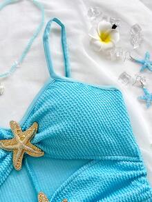 Soleia 纯色吊带无袖镂空腰部装饰纽扣连体裤，适合派对和居家穿着。 - 藍色 - 查看 3