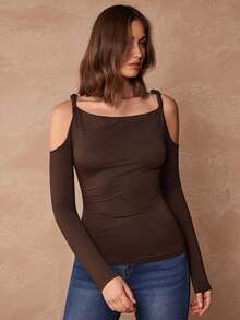 Enchnt Women's Elegant Dark Brown Autumn Top,Seksi Chic Hollow Out Fitted Long Sleeve,Spring Fashionable Clothes For Date,Daily Commute& - Coffee Brown - View 5