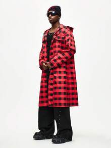 ROMWE MEN Men's Street Style Black & Red Plaid Long Sleeve Hooded Long Jacket - Multicolor - View 4