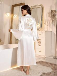 LuxeNights Mature Elegant Long Sleeve Long Robe, Romantic French Style Graceful Autumn Robe, White Ladies Sleepwear Bride Robe White Satin Robe Wedding Robe Bridal Robe Satin Robes For Women - White - View 4