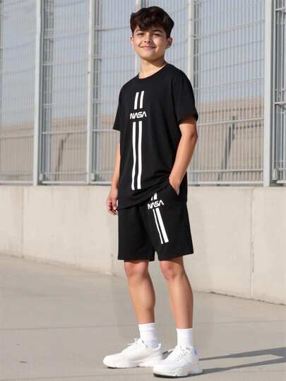 SHEIN Vacaura 2 st/set tonårspojkar casual rund halsringad kortärmad topp och shorts set, sportig och cool sommaroutfit