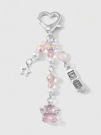 Kawaii 1 Stück raffinierter & süßer Mädchen minimalistischer akademischer Stil Silberkette mit Perle & Kristall runden Kugeln, Sternen, Erdbeere Schleife Cartoon Handy Anhänger Schlüsselanhänger Taschenanhänger, geeignet für Frauen, Alltagsmode, Geschenk zu Feiertagen, Valentinstag