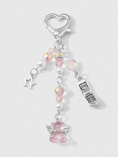 Kawaii 1pc Refined & Cute Girl Minimalist Academic Style Silver Chain Faux Pearl & Crystal Round Ball Stars Strawberry Bow Cartoon Phone Pendant Keychain Bag Charm, Suitable For Women, Daily Wear, Holiday Gift Valentines