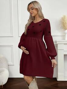 SHEIN Pregnant Women's Heart Pattern V-Neck Long Sleeve Knitted Dress, Autumn/Winter - Burgundy - View 5