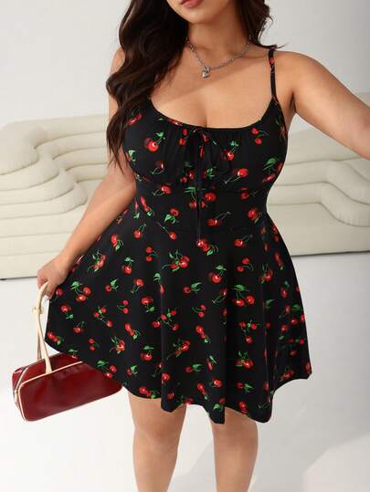 Solflare Plus Size Cherry Print Flare Hem Slip Dress, Waist-Cinched A-Line, Suitable For Spring & Summer,Beach Dress Sundress,Holiday Outfits Boho,Corset Dress
