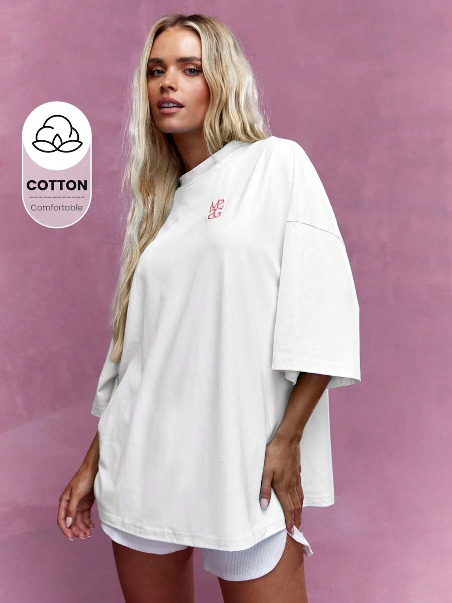 MISSGUIDED 超大T恤刺绣Logo Monogram宽松版型降肩棉混纺休闲街头装基本款春夏必备 - 白色 - 查看 1