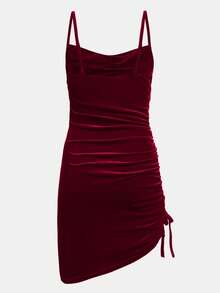 SHEIN Girlism 少女红色天鹅绒垂领荷叶边腰部紧身正式派对连衣裙 - 酒紅色 - 查看 2