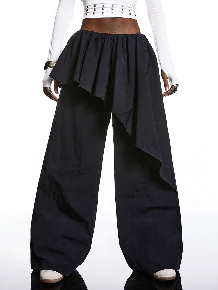 LYSMO Mẫu quần dài nữ dáng rộng 2 trong 1 màu trơn phong cách tối giản mới về năm 2026 dành cho mùa xuân/hè/Mùa xuân/Mùa xuân/Kỳ nghỉ xuân/Ngày lễ tình nhân/Ngày Valentine/Phong cách Y2K/Những năm 2000/Quần đen/Quần thể thao thường ngày dành cho giới trí thức - màu đen - Xem 1