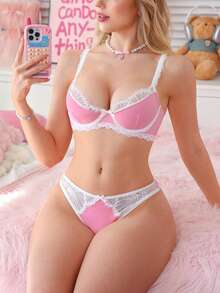 PetitDoll 女士蕾丝无钢圈文胸套装（2件装） - 粉色 - 查看 4