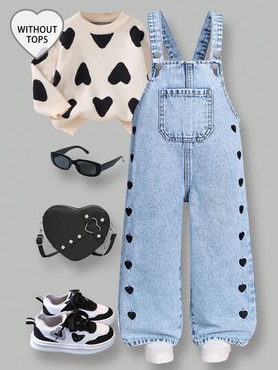 SHEIN ChillGRL Blommig, hjärtformad, regnbågsgraffititryck för flickor, avslappnad och bekväm mjuk denimjump