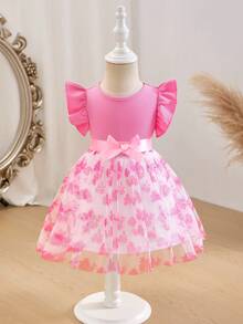 SHEIN Baby Girls' Ruffled Cap Sleeve Ribbed Mesh Round Neck Summer Princess Casual Dress With Belt Girls Outfit Setsفستان دانتيل - Pink - View 2