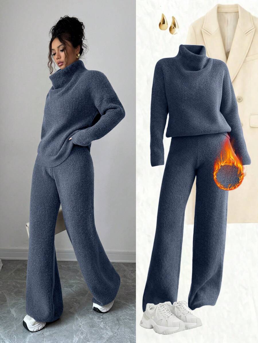 Elenzga Conjunto de dos piezas de suéter de punto de manga larga holgado y pantalones de color camello elegante y casual, adecuado para ir al trabajo, otoño/invierno - Azul - Ver 1